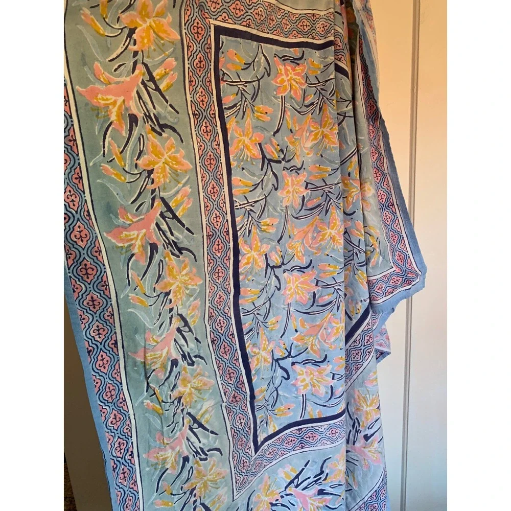 Soma Jaipur Cotton Floral Hand Block Print Table Cloth Blue Pink India 56x55